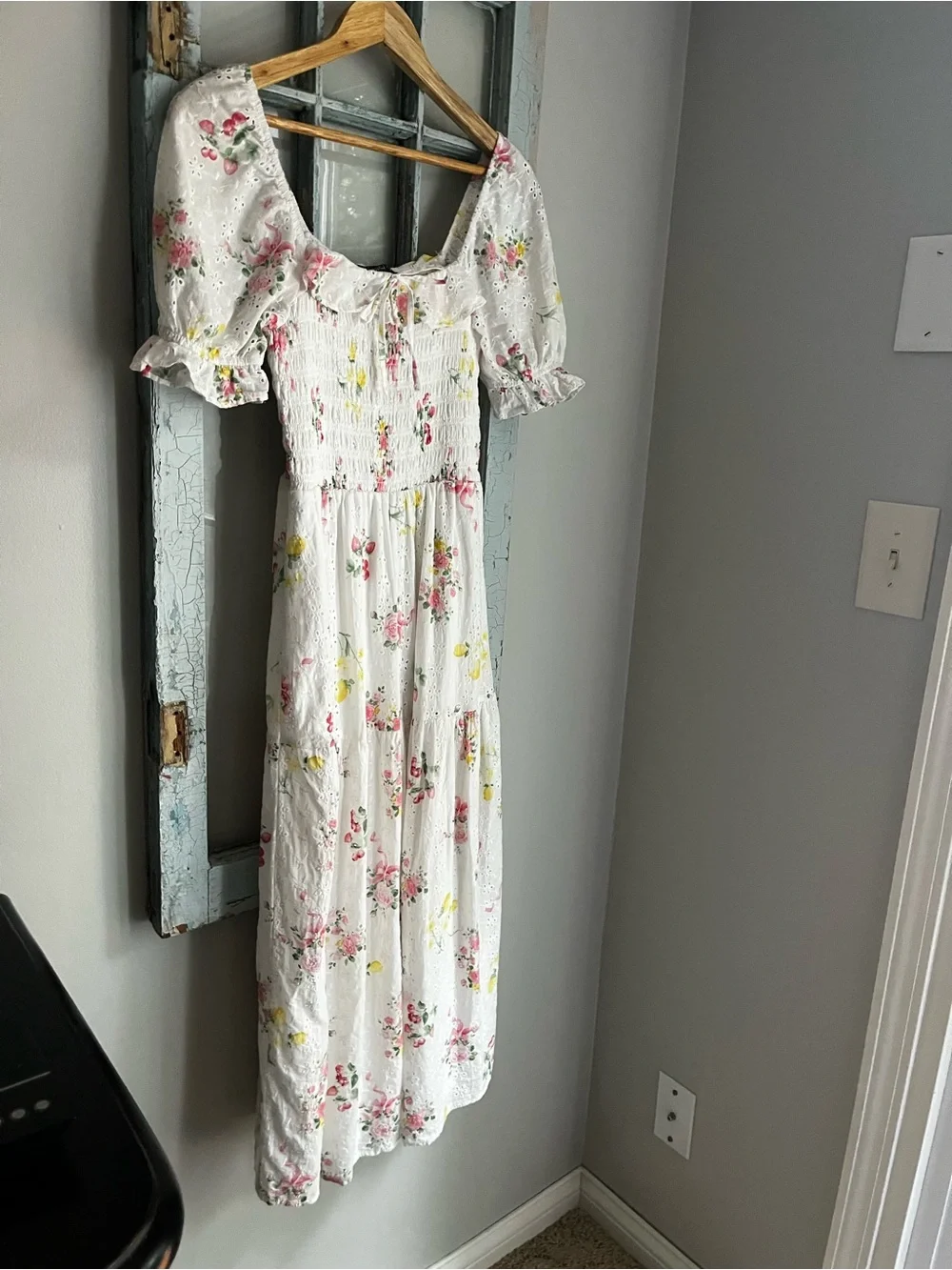 Crystal Sky Floral Eyelet Smocked Midi Dress - Size XS